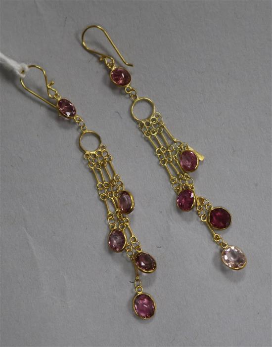 A pair of 14ct and pink tourmaline drop earrings, 50mm.